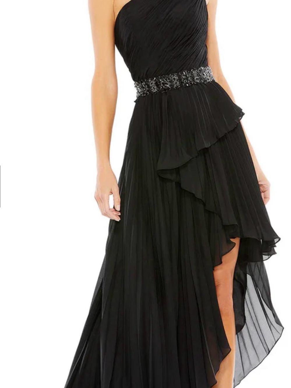 Mac Duggal Black One Shoulder Chiffon Gown Beaded Waist Formal Dress Size 6 - Picture 4 of 12